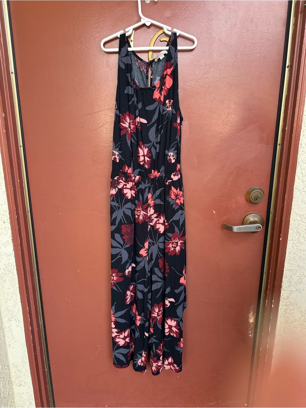 LOFT Black Whimsigoth Boho Jumpsuit with Red and Coral Floral Print - Picture 2 of 10